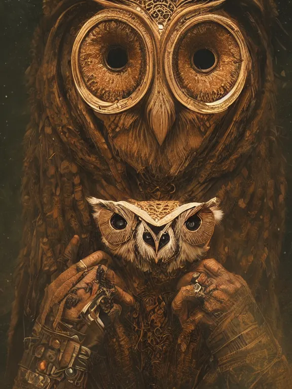 Prompt: a ultradetailed beautiful portrait of a strange human, hiding his face with an intricate wooden mask of an owl, high resolution 4 k, by tom bagshaw, greg rutkowski, charli bowater