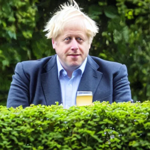 Image similar to Telephoto creepshot over a hedge of Boris Johnson drinking a beer in a garden