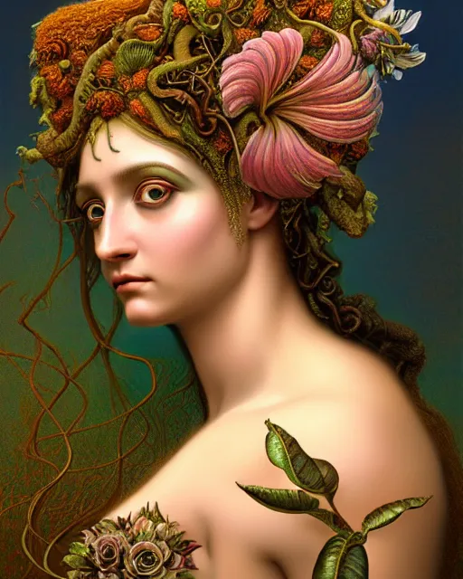 Image similar to portrait of the goddess of flourish and decay, unusual beauty, flowers and plants, emotionally evoking symbolic metaphors, head in focus, fantasy, ornamental, intricate, elegant, sensual, highly detailed digital painting, artstation, concept art, painterly, golden ratio, sharp focus, illustration, art by John William Godward and Boris Vallejo and Zdzisław Beksiński,