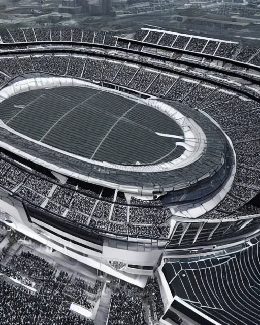 Prompt: a futuristic stadium with a giant black and white gundam on the field, the stadium has a full crowd, unreal engine, hyper realism, realistic shading, cinematic composition, realistic render, octane render, detailed textures, photorealistic, wide shot