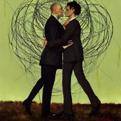Image similar to two lovers wearing a suit made of nervous system, channeling third eye energy, surrounded by a background of dark cyber mystic garden of earthly delights, midnight hour, muted cold colors, painted part by wojciech siudmak, part by francisco goya, part by norman rockwell, part by hype wiliams, artstation