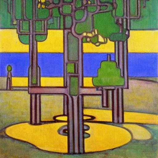 Image similar to frank lloyd wright, a busy painting of trees with a yellow background, an art deco painting by mondrian, featured on pixiv, synthetism, fauvism, creative commons attribution, academic art