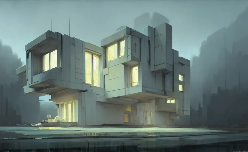 Image similar to painting of a wide angle exterior shot of a white brutalist architecture house with cinematic lighting by darek zabrocki and greg ruthkowski, alphonse mucha, simon stalenhag and cinematic and blue cold atmospheric, archillect concept art, artstation, trending on artstation