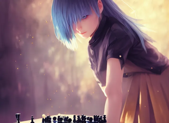 Prompt: a pale girl playing chess, with golden eyes, straight sky blue hair, long bangs, black jacket, high collar, concept art, award winning photography, digital painting, cinematic, by wlop, anime key visual, wlop, 8 k, by ross tran, chengwei pan, paul kwon,