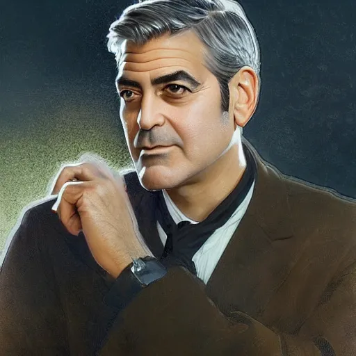 Image similar to George Clooney, highly detailed, digital painting, artstation, concept art, smooth, sharp focus, illustration, ArtStation, art by artgerm and greg rutkowski and alphonse mucha and J. C. Leyendecker and Edmund Blair Leighton and Katsuhiro Otomo and Geof Darrow and Phil hale and Ashley wood and Ilya repin and Charlie Bowater