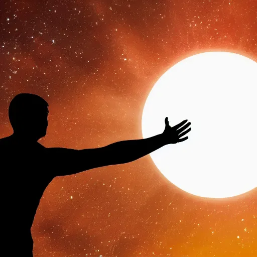 Image similar to 4K ultra HD detailed award-winning wallpaper of silhouette of man reaching his hand towards huge vast sky Earth universe