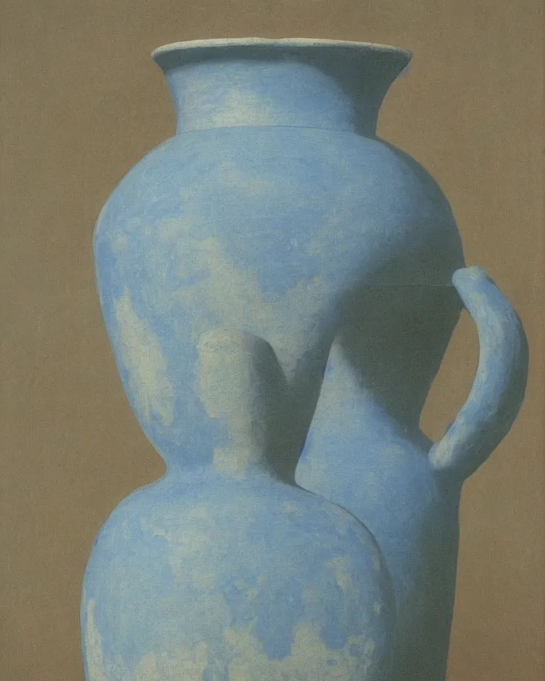Image similar to achingly beautiful print of solitary painted ancient greek amphora on baby blue background by rene magritte, monet, and turner. sculpted, flat.
