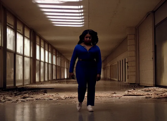 Image similar to cinematic shot of octavia spencer in an abandoned mall, iconic scene from the paranoid thriller sci fi film directed by stanley kubrick, 2 4 mm anamorphic lens, moody strange cinematography, beautiful composition, color theory, leading lines, photorealistic, moody volumetric lighting