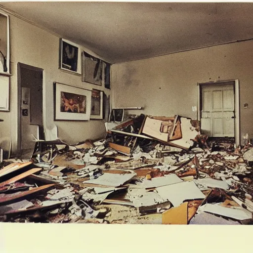 Image similar to The illustration shows a scene of total destruction. A room has been completely wrecked, with furniture overturned, belongings strewn about, and debris everywhere. The only thing left intact is a single photograph on the wall. This photograph is the only evidence of what the room once looked like. It shows a tidy, well-appointed space, with everything in its place. The contrast between the two images is stark, and it is clear that the destruction was complete and absolute. midnight blue by Qian Xuan ecstatic, a e s t h e t i c