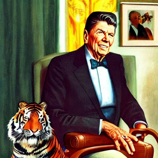 Image similar to [ ronald reagan sitting in chair... tiger lying at his feet ]