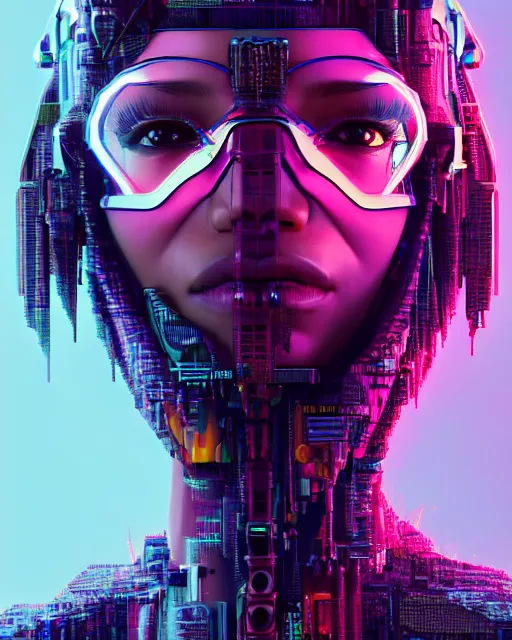 Prompt: portrait of Zendaya as a cyberpunk cyborg. intricate abstract. intricate artwork. by Tooth Wu, wlop, beeple, dan mumford. octane render, trending on artstation, greg rutkowski very coherent symmetrical artwork. cinematic, hyper realism, high detail, octane render, 8k, iridescent accents