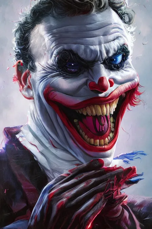 Image similar to emmanuel macron as a joker, realistic, high definition, 4 k, shimmering color, hyper detailed, art of greg rutkowski and magali villeneuve and artgerm