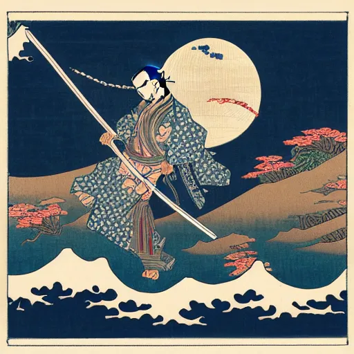 Image similar to greeting card by hokusai, samurai man vagabond with a moon behind him, the samurai is wrapped in chains, detailed, editorial illustration, matte print, concept art, ink style, sketch, digital 2 d