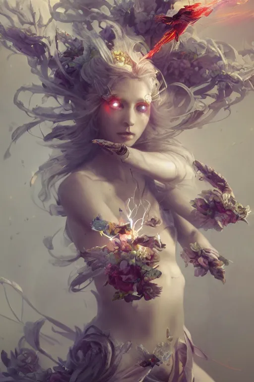 Image similar to beautiful girl necromancer exploding into flowers, angels, 3 d render, hyper - realistic detailed portrait, holding electricity and birds, ruan jia, wlop. scifi, fantasy, hyper detailed, octane render, concept art, peter mohrbacher