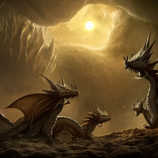 Image similar to family of dragons living in a base on the sun, digital art, highly detailed, epic composition, cinematic lighting