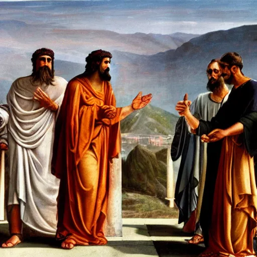 Prompt: the oracle in delphi giving a prophecy to the king of thera, 6 3 0 bc