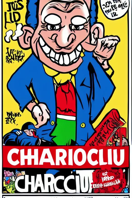 Image similar to charlie hebdo cover of macron dressed as a clown, caricature, silly