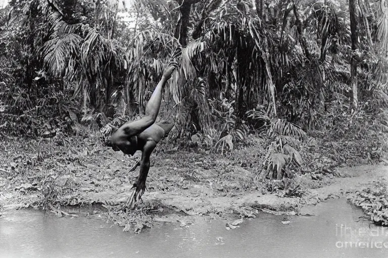 Image similar to a 1 9 0 5 colonial closeup photograph of a breakdancer in a village at the river bank of congo, thick jungle, scary, evil looking, wide angle shot