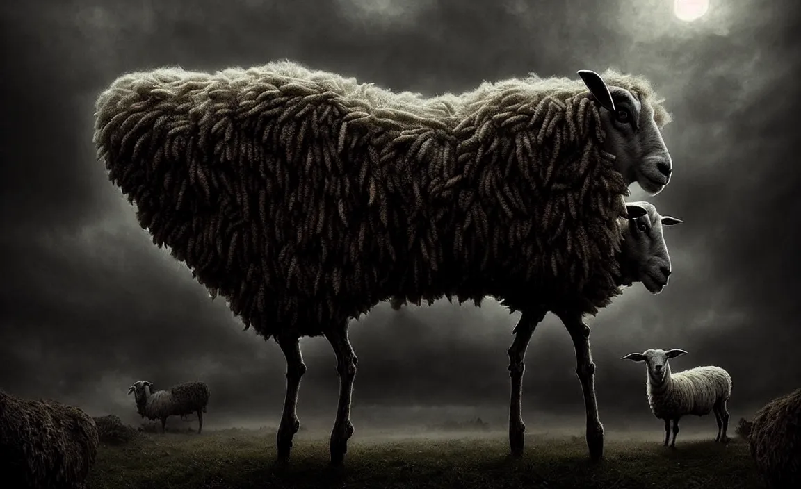 Image similar to epic professional digital art of monstrous sheep, moody atmospheric lighting, intricate, foreboding, detailed, by leesha hannigan, ayne haag, reyna rochin, ignacio fernandez rios, mark ryden, iris van herpen, artstation, cgsociety, epic, stunning, gorgeous, much wow, cinematic, masterpiece.