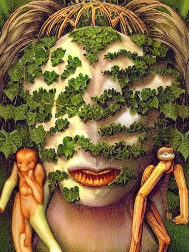 Prompt: The Hanging-Gardens of Pareidolia, ivy, verbena and pothos growing facial features and optical-illusions!!!!!, aesthetic!!!, by Gerald Brom in the style of Johfra Bosschart in the style of,