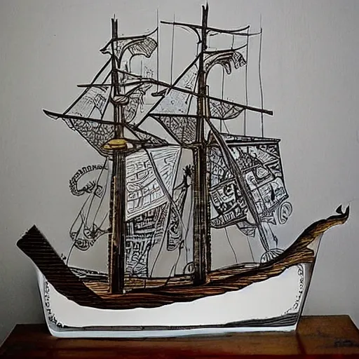 Prompt: by ed roth stormy. a installation art of a tall ship sailing through a cityscape. the ship is adorned with intricate details, while the cityscape is filled with towering palaces & other grand buildings.