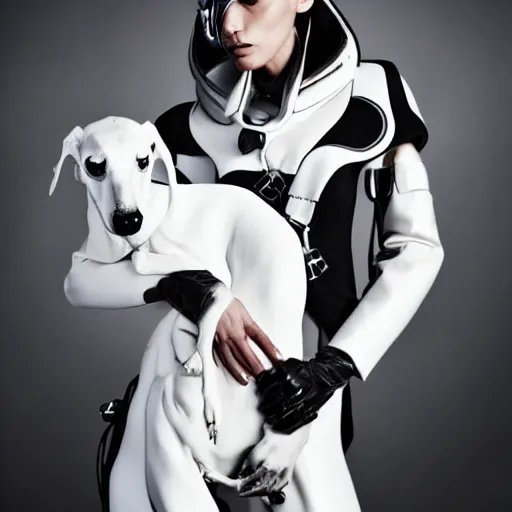 Prompt: fashion photography of an extraterrestrial model, holding a white doberman, wearing demobaza fashion, inside berghain, berlin fashion, harness, futuristic fashion, dark minimal outfit, photo 3 5 mm leica, hyperdetail, berghain, 8 k, very detailed, photo by nick knight