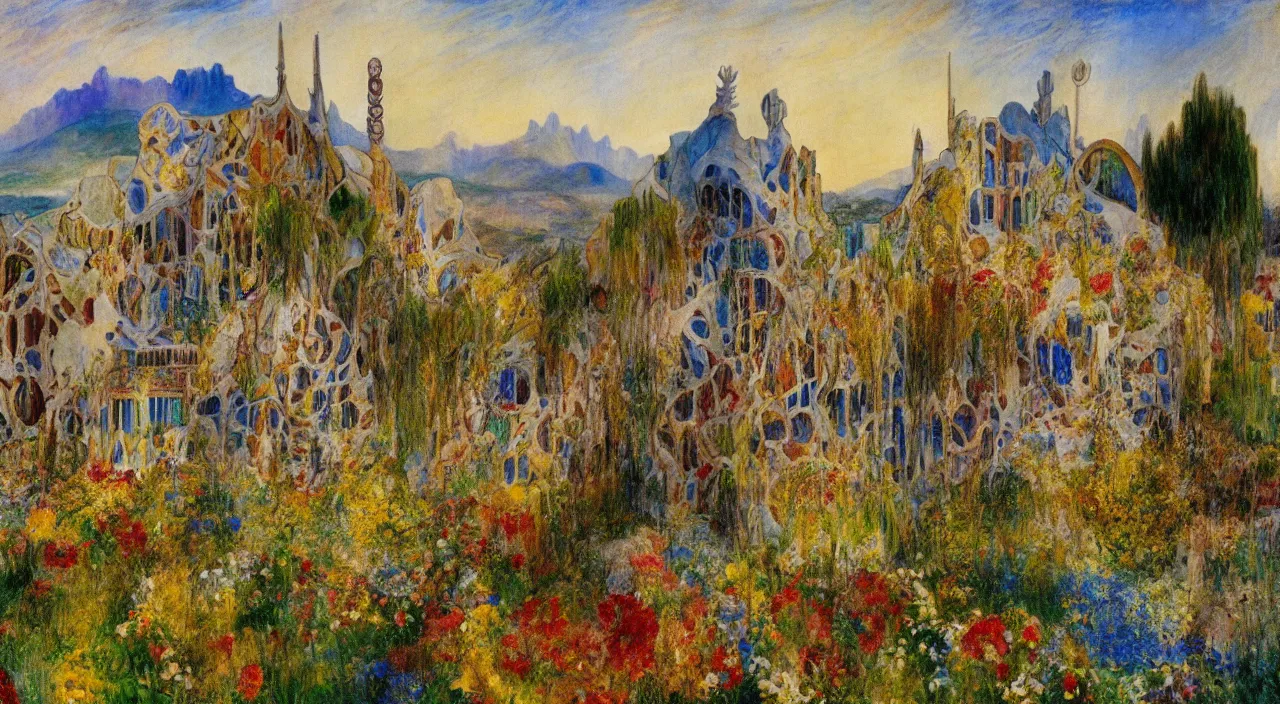 Prompt: a house designed by Antoni Gaudí, with flower fields as foreground, with mountains as background, by J. M. W. Turner