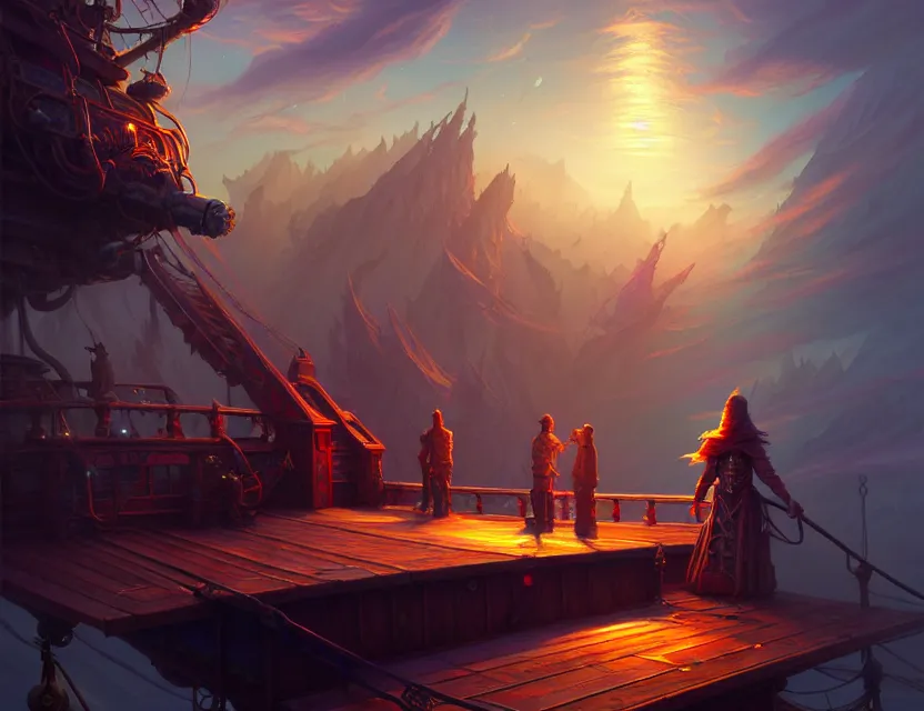 Image similar to standing upon the deck of the flying ship, d & d fantasy art, artstation contest winner, beautiful digital painting in the style of dan mumford, art by kev chan, volumetric lighting, concept art, speedpainting, fantasypunk, deep colors, cgsociety, by art germ, by gerald brom, by peter mohrbacher