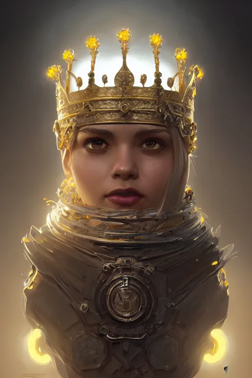 Image similar to highly detailed portrait of a minion, ornate crown, beautiful symmetrical face, glowing skin, digital painting, artstation, concept art, smooth, clear focus, illustration, greg rutkowski, artgerm, global lighting, detailed and fantasy