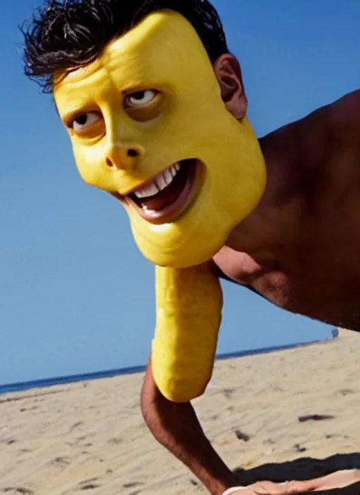 Prompt: jeff goldblum half man half banana on the sand of a beach