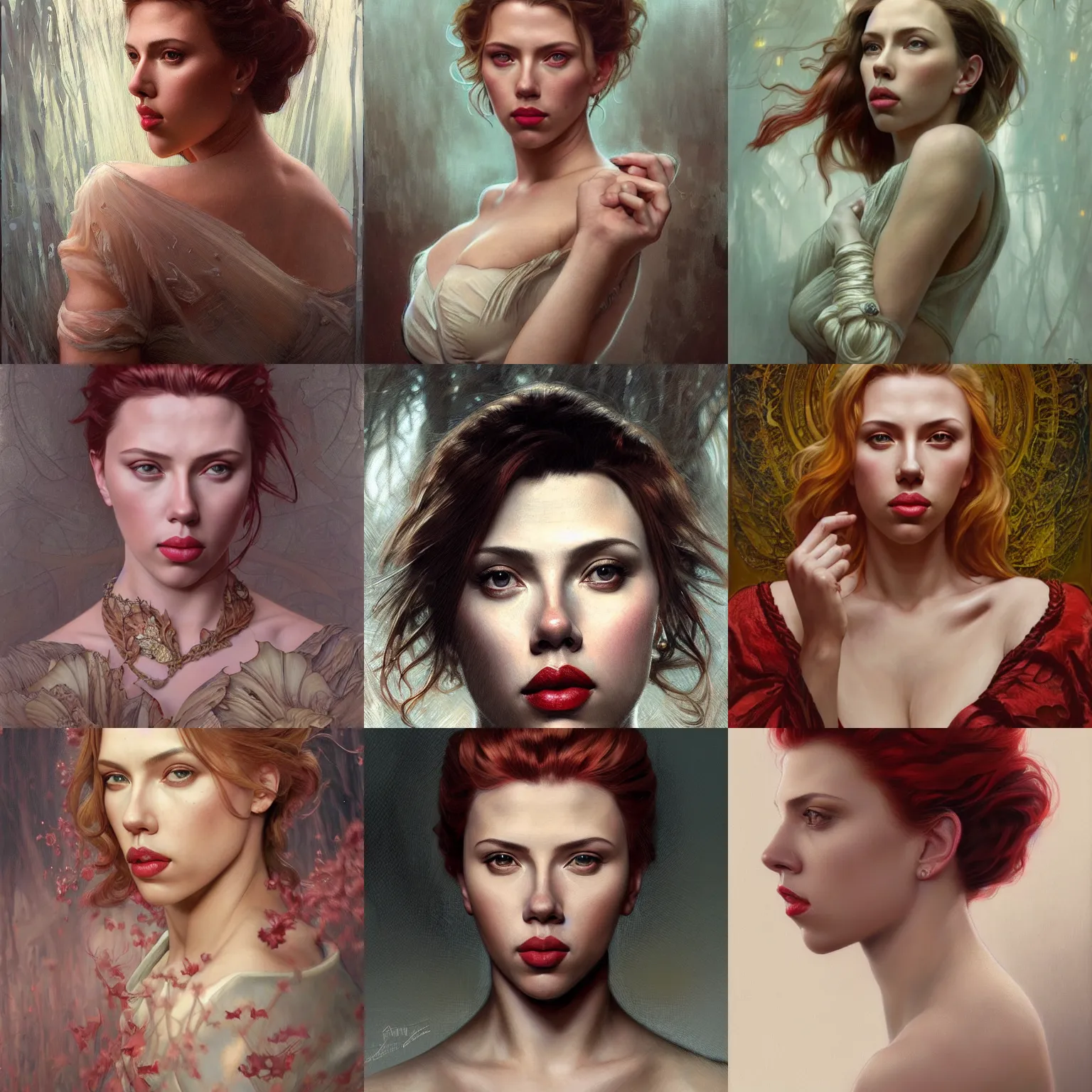 Prompt: Portrait of the Scarlet Johansson, unreal, fantasy, intricate, elegant, dramatic, highly detailed, photorealistic, digital painting, painterly, artstation, concept art, smooth, sharp focus, art by John Collier and Krenz Cushart and Artem Demura and Alphonse Mucha and Albert Aublet