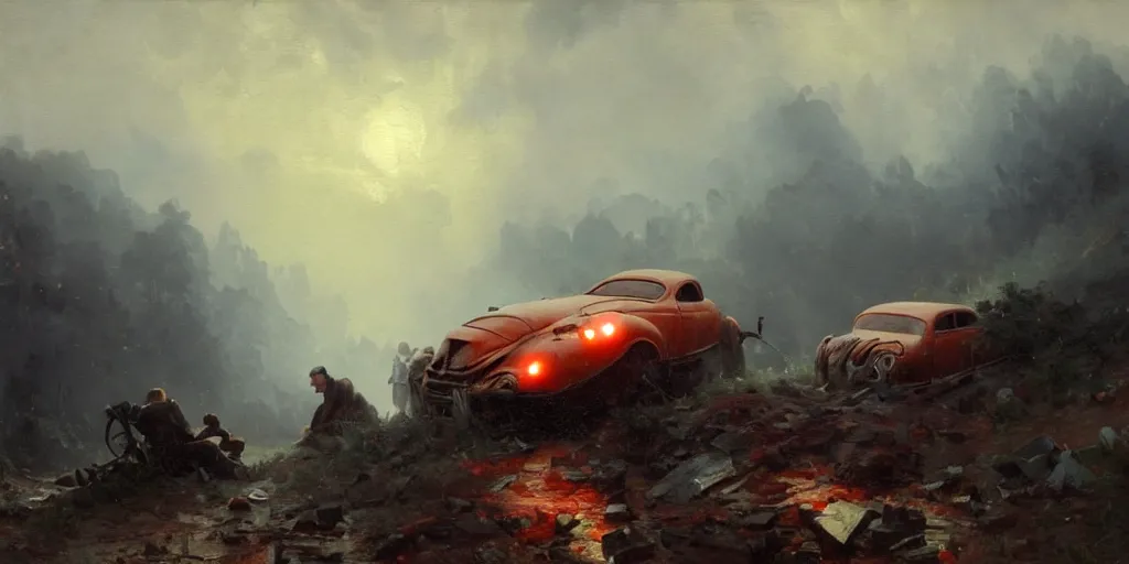 Image similar to a crashed car on a mountain road in 1 9 4 0 with red light on, sunny day, a men stand up next to the car, mystical orange fog, oil on canvas, art by andreas achenbach, clemens ascher, tom bagshaw and sabbas apterus,