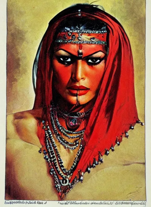 Image similar to portrait of muscular indian vampiress, jeweled veil, strong line, saturated color, beautiful! coherent! by frank frazetta, high contrast, minimalism