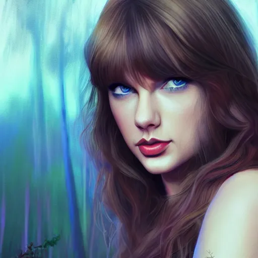 Image similar to taylor swift, long hair with bangs, Crystal blue eyes, full-shot, beautiful colorful forest backround, oil colors, elegant, sharp focus, beautiful face, Hyper-realistic, Highly Detailed, HD, Dramatic Lighting by Brom, by beeple, studio ghibli, wallpaper, highly detailed, trending on artstation