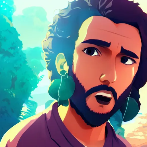 Image similar to portrait of sayid jarrah from lost, island background, rich vivid colors, ambient lighting, dynamic lighting, 4k, HQ, official media, anime key visual, makoto shinkai, ilya kuvshinov, lois van baarle, rossdraws, detailed, trending on artstation