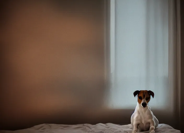 Image similar to photography of a Jack Russel . watching outside the window. on a bed. in a vintage room full of vinyls and posters.,volumetric light, photorealistic,, award winning photo, 100mm, sharp, high res