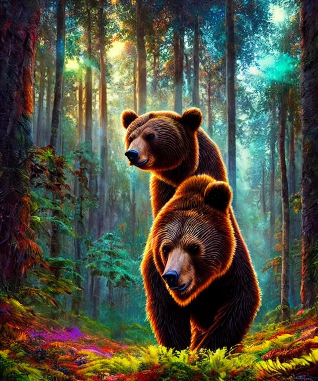 Prompt: a realistic brown bear, walking through a psychedelic forest, wide angle landscape shot, pixar style by tristan eaton, artgerm and tom bagshaw