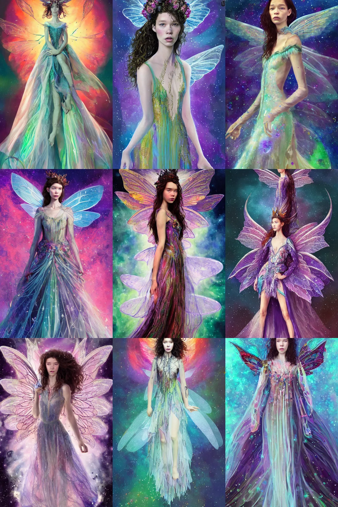 Prompt: masterwork full body portrait of astrid berges frisbey as a fairy queen. digital illustration. wearing a dress made out of space. trending on art station, fluid, dreamy, ethereal, vivid colours. sharp focus. wow!