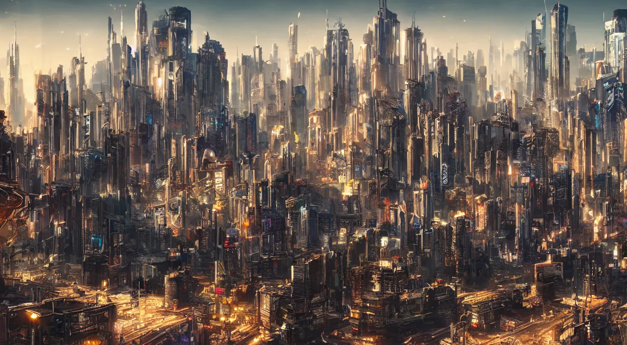 Image similar to majestic cyberpunk city landscape, high definition, high detail, 8k, photorealistic,