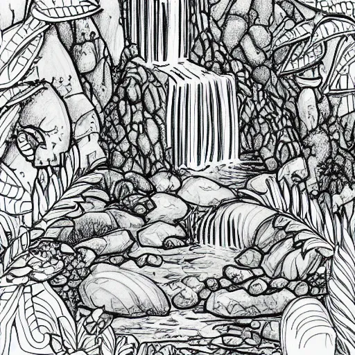 Image similar to an adult coloring page of a waterfall in the enchanted forest, light detail