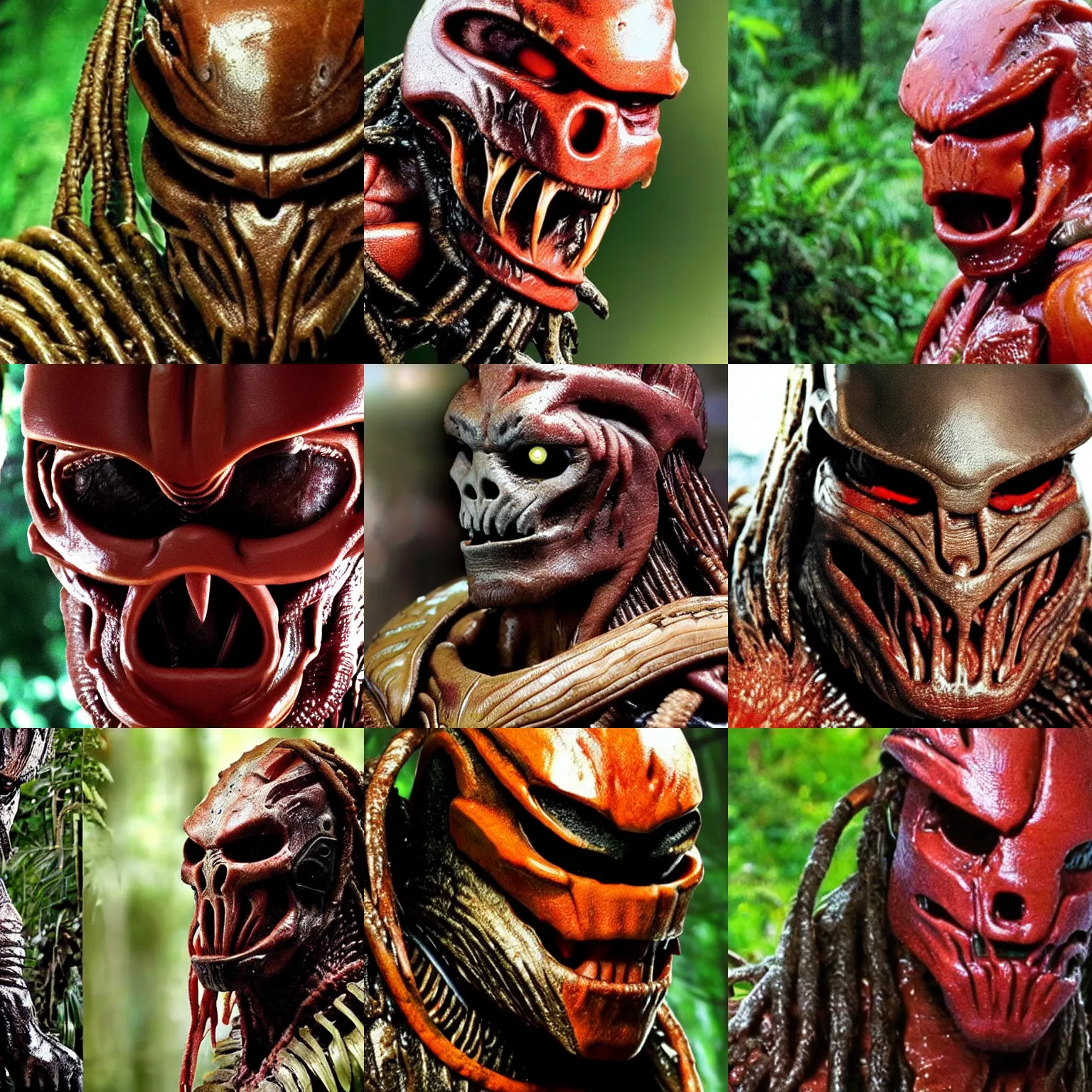 Prompt: head close up arnold schwarzenegger in predator costume , close up detailed movie still from the predator in the jungle