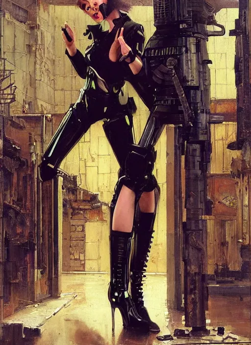 Image similar to Sgt Eliza Grim. Menacing Cyberpunk policewoman towering with robotic stilt legs and combat vest. (dystopian, police state, Cyberpunk 2077, bladerunner 2049). Iranian orientalist portrait by john william waterhouse and Edwin Longsden Long and Theodore Ralli and Nasreddine Dinet, oil on canvas. Cinematic, vivid colors, hyper realism, realistic proportions, dramatic lighting, high detail 4k