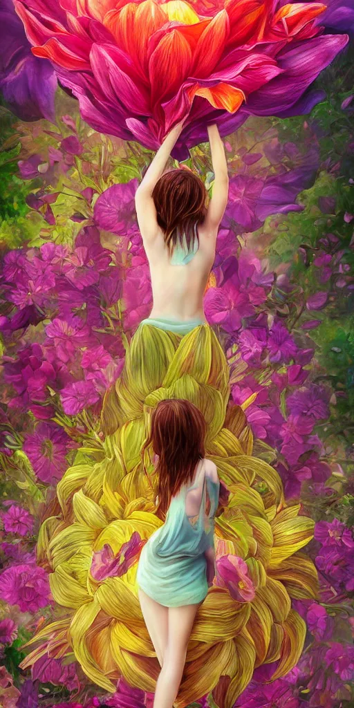 Image similar to girl's body inside giant exotic flower, trending on Gsociety, trending on ArtstationHQ, trending on deviantart, ultra detailed painting at 16K resolution and epic visuals, epically surreally beautiful image, amazing effect