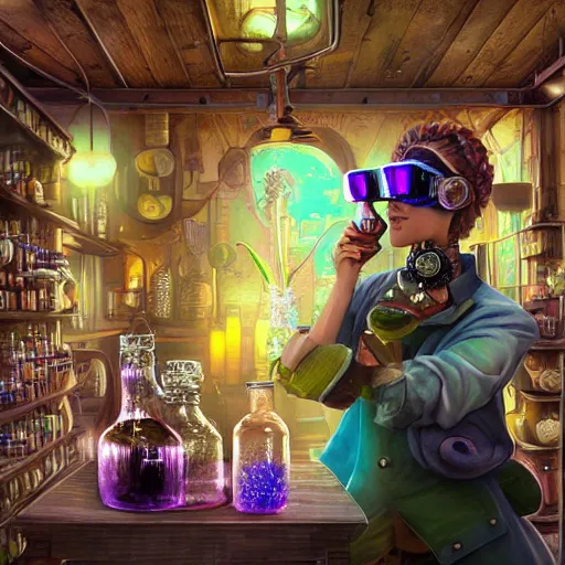 Prompt: a beautiful stunning interesting photorealistic digital illustration of a woman wearing steampunk safety goggles while mixing potions, in a potion shoppe, colorful bottles and plants, awesome and moody afrofuturism by marc poole and tyler edlin