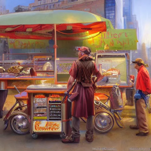 Image similar to Hot-dog stand seller, fantasy D&D, portrait art by Donato Giancola and James Gurney, digital art, trending on artstation