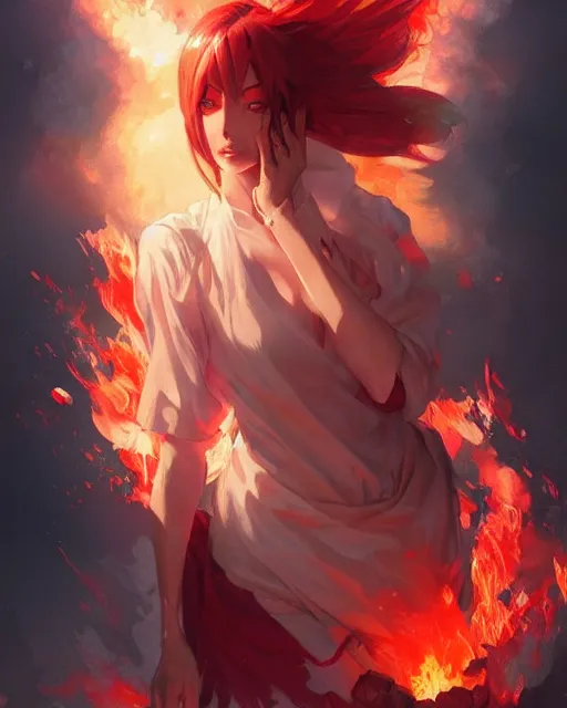 Image similar to red eyed beautiful anime girl, flames everywhere, highly detailed, digital painting, artstation, concept art, smooth, sharp focus, illustration, art by artgerm and greg rutkowski and alphonse mucha