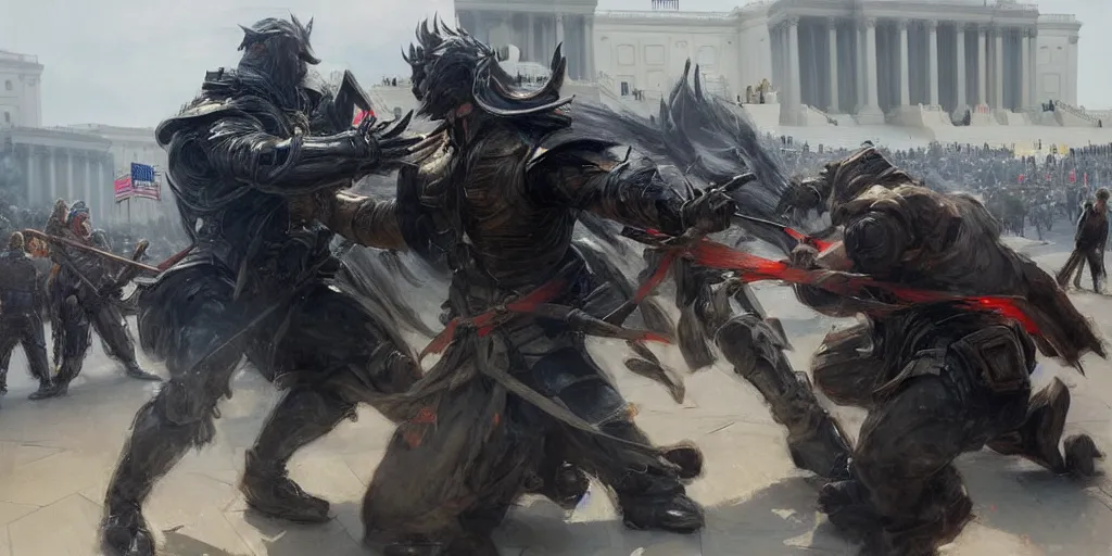 Prompt: character art by ruan jia, man rams barricade at the us capitol as capitol police descend