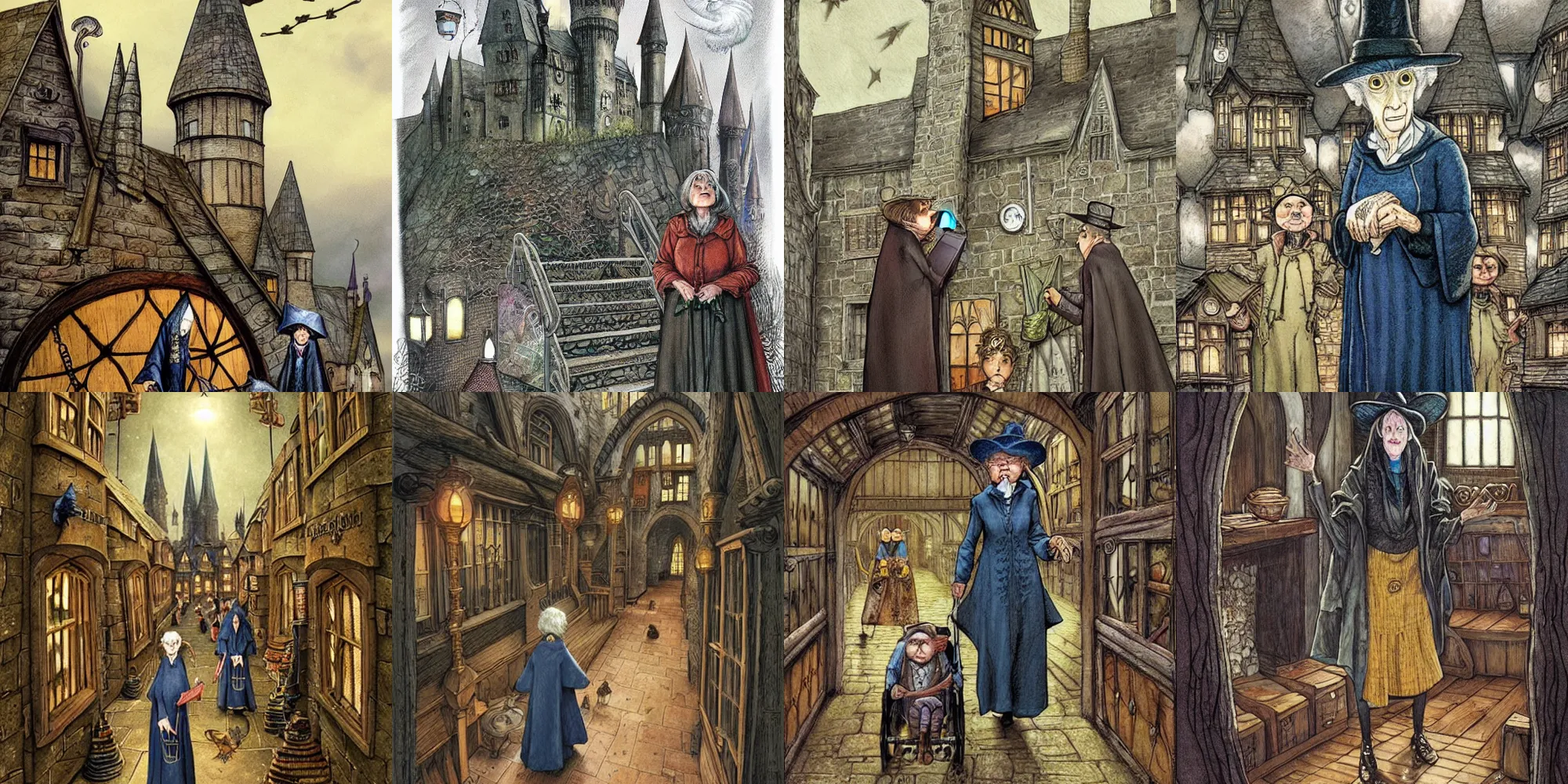 Prompt: Granny Weatherwax teachines in Hogwarts, detailed, fantasy illustration by Jim Kay and Paul Kidby
