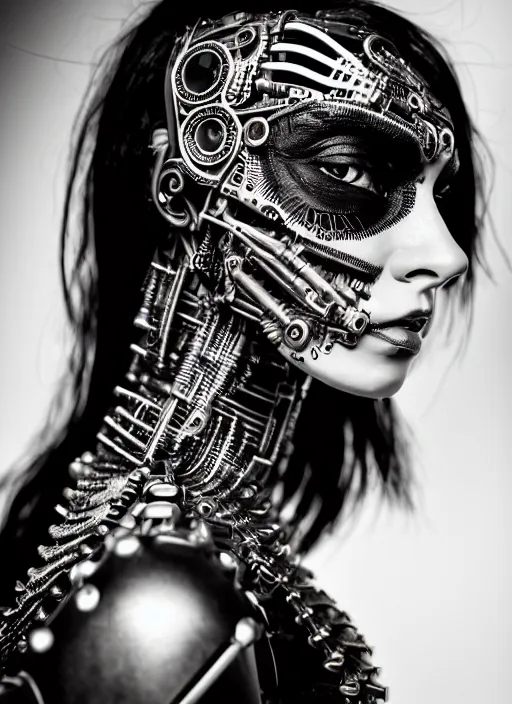 Image similar to a stunning young female crow mixed cyborg profile face, face is made intricate tribal bio - mechanical, editorial photography, bw, shot on 7 0 mm, depth of field, f / 2. 8, high contrast, 1 6 k, volumetric lighting, shiny, insanely detailed and intricate, hypermaximalist, elegant, ornate, hyper realistic, super detailed