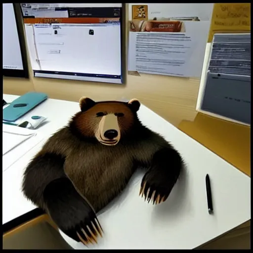 Image similar to tired bear on zoom call in office, piles of paperwork